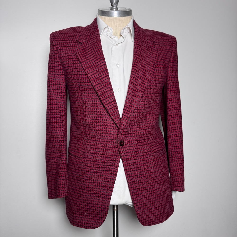 Bachrach Blazer Mens 40R Burgundy Black Houndstooth Wool Single Button Vintage